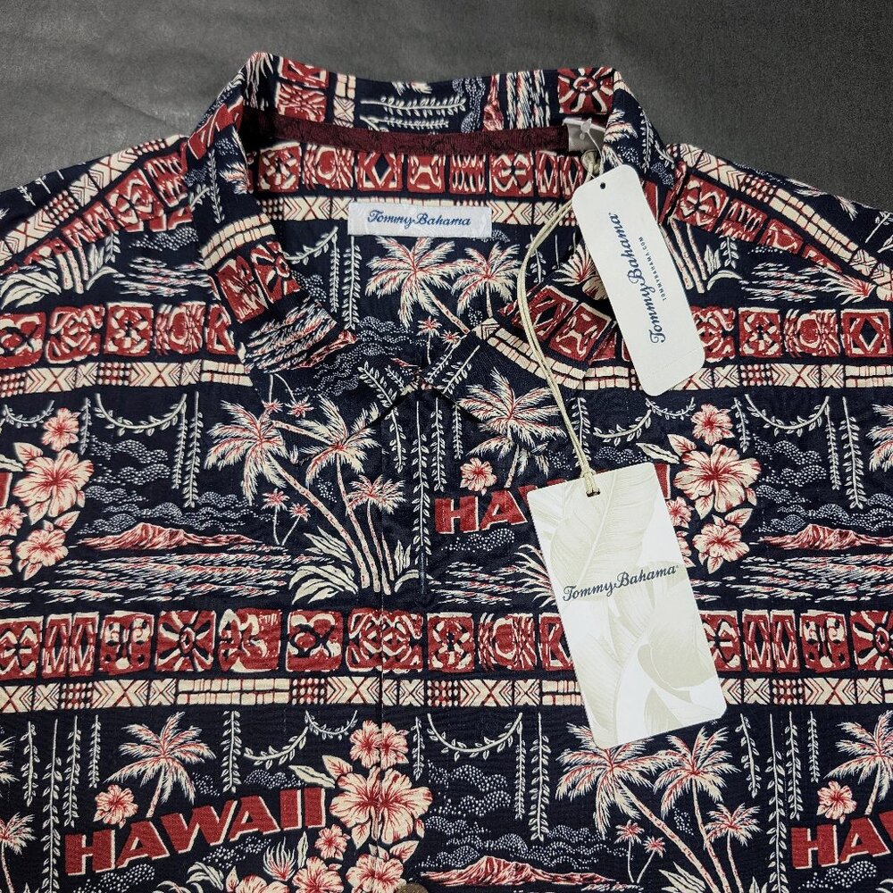 $148 Tommy Bahama Silk Hawaiian Shirt XL Postcard Paradise Hawaii Red Blue